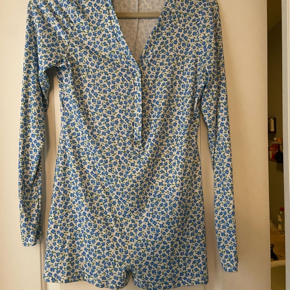 Lulu's Blue Fitted Buttoned Bodysuit